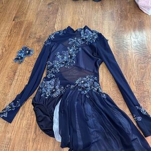 Blue Asymmetrical Ruched leotard costume with half skirt and Long Sleeves